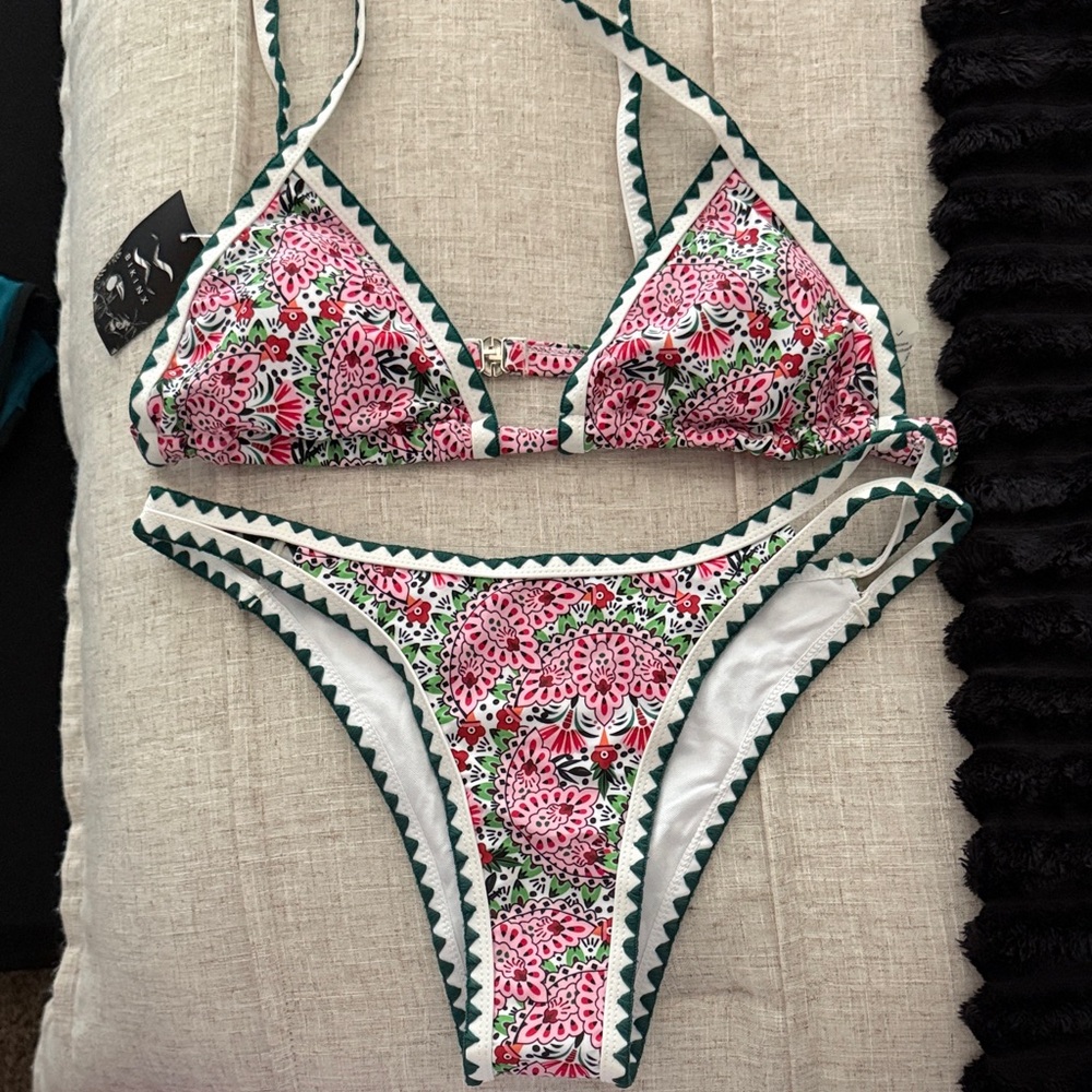 Floral Pink Triangle Bikini Set with Green Trim